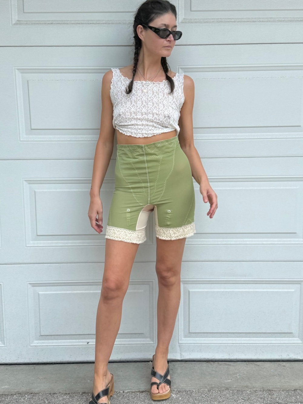 Vintage Green Garter Shorts Girdle High-Waist Lace-Trim Women's High Waisted